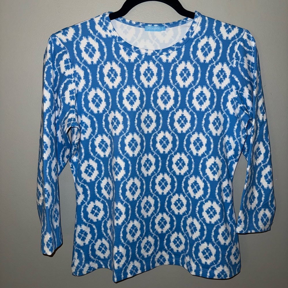 J. McLaughlin Blue and White Ikat Print Long Sleeve Top